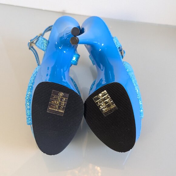 Pleaser Delight 609 Neon Blue Chunky Glitter Peep Toe Platform Stiletto Heels 8 - Picture 3 of 10
